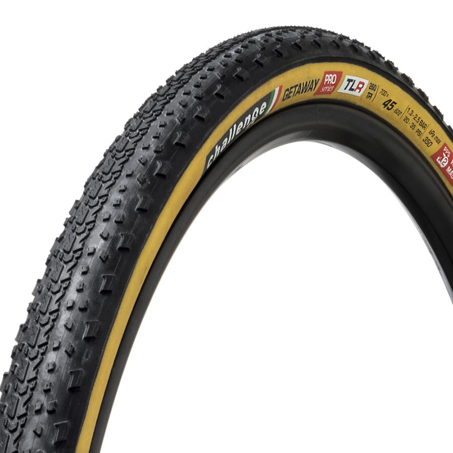 Challenge Getaway Pro TLR Tire, 700x45C, Folding, Tubeless Ready, Natural, SuperPoly, PPS, 260TPI, Tanwall