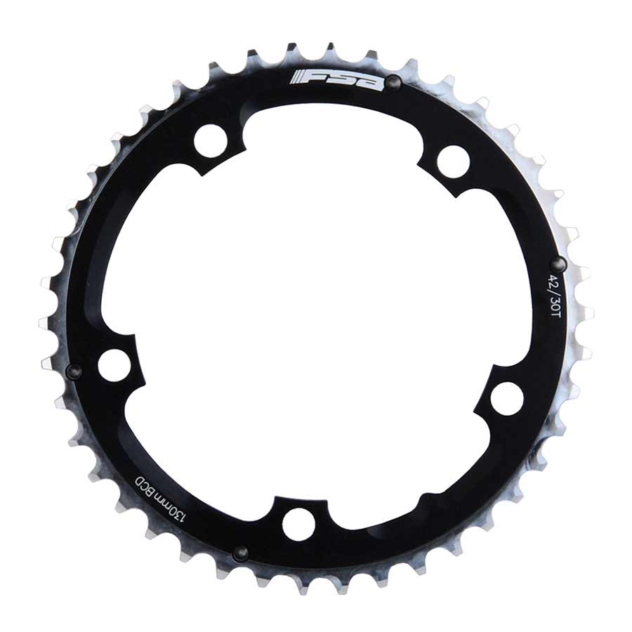 FSA Pro Road Triple 42T 9Sp Chainring, BCD: 130mm, 5 Bolt, Pro Road, Middle Chainring, For Shimano 9, Campagnolo 10, Aluminum, Black